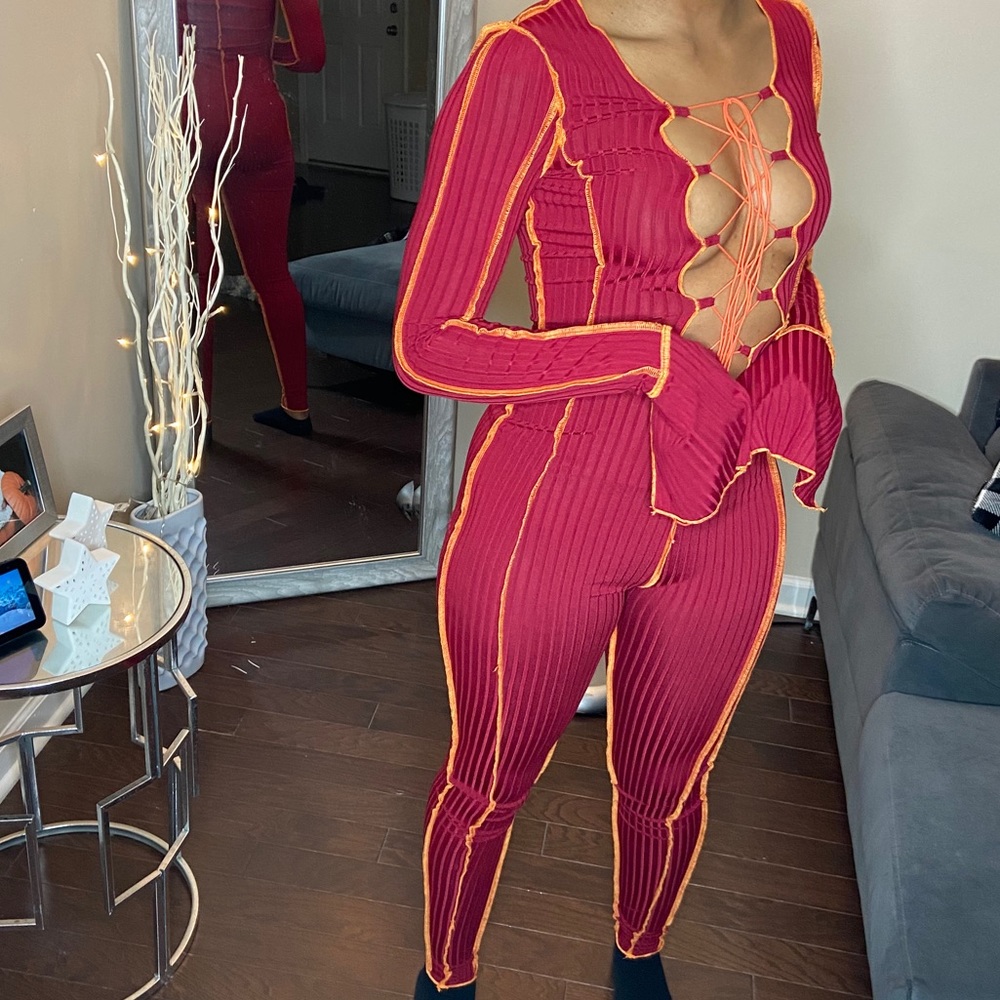 Maroon Ribbed Jumpsuit
